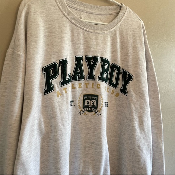 PLAYBOY Heather Grey w Forrest Green Logo Varsity Crewneck Sweater - Size XL GUC - Picture 5 of 14